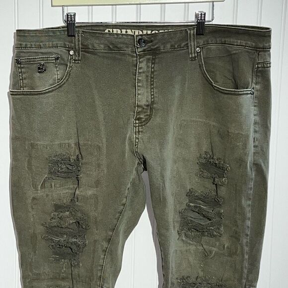 Grindhouse Jeans Men 40X34 Green Denim Distressed Ripped Stained Destroyed Zip - Picture 3 of 10